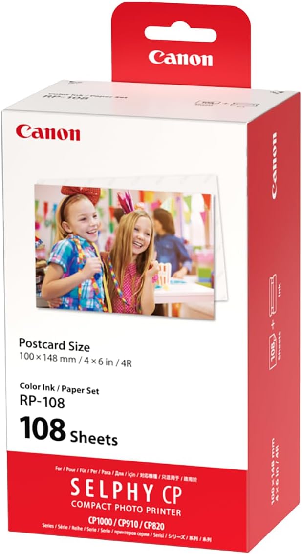 Canon RP-108 Postcard Size Colour Ink / Paper Set — 108 Sheets, 4x6", for SELPHY CP1300 / CP1500