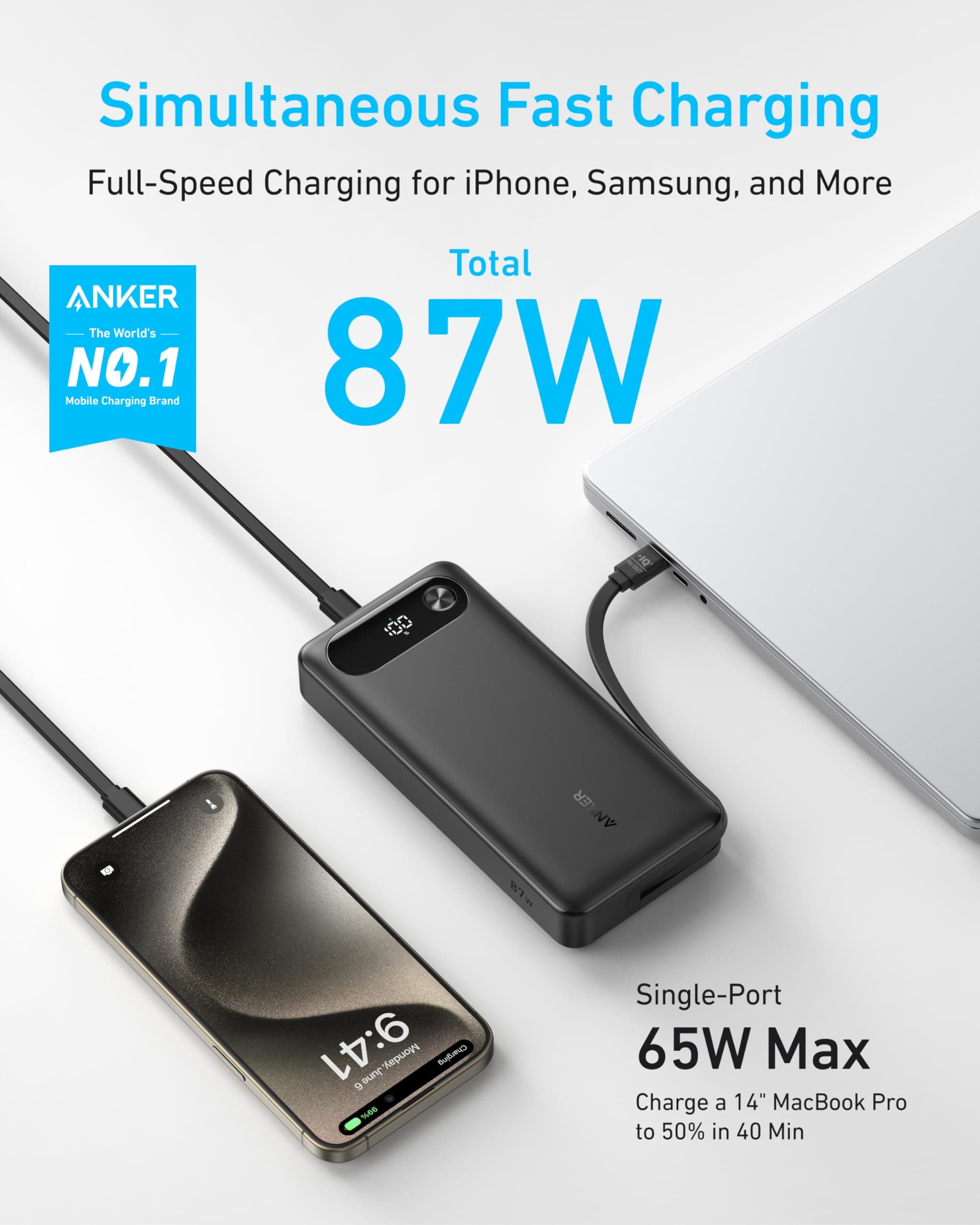 Anker Power Bank, 20,000mAh Portable Charger with Built-In USB-C Cable, 87W Max Fast Charging Battery Pack, For MacBook, iPhone 17/16 Series, Samsung, Switch, and More — view 2