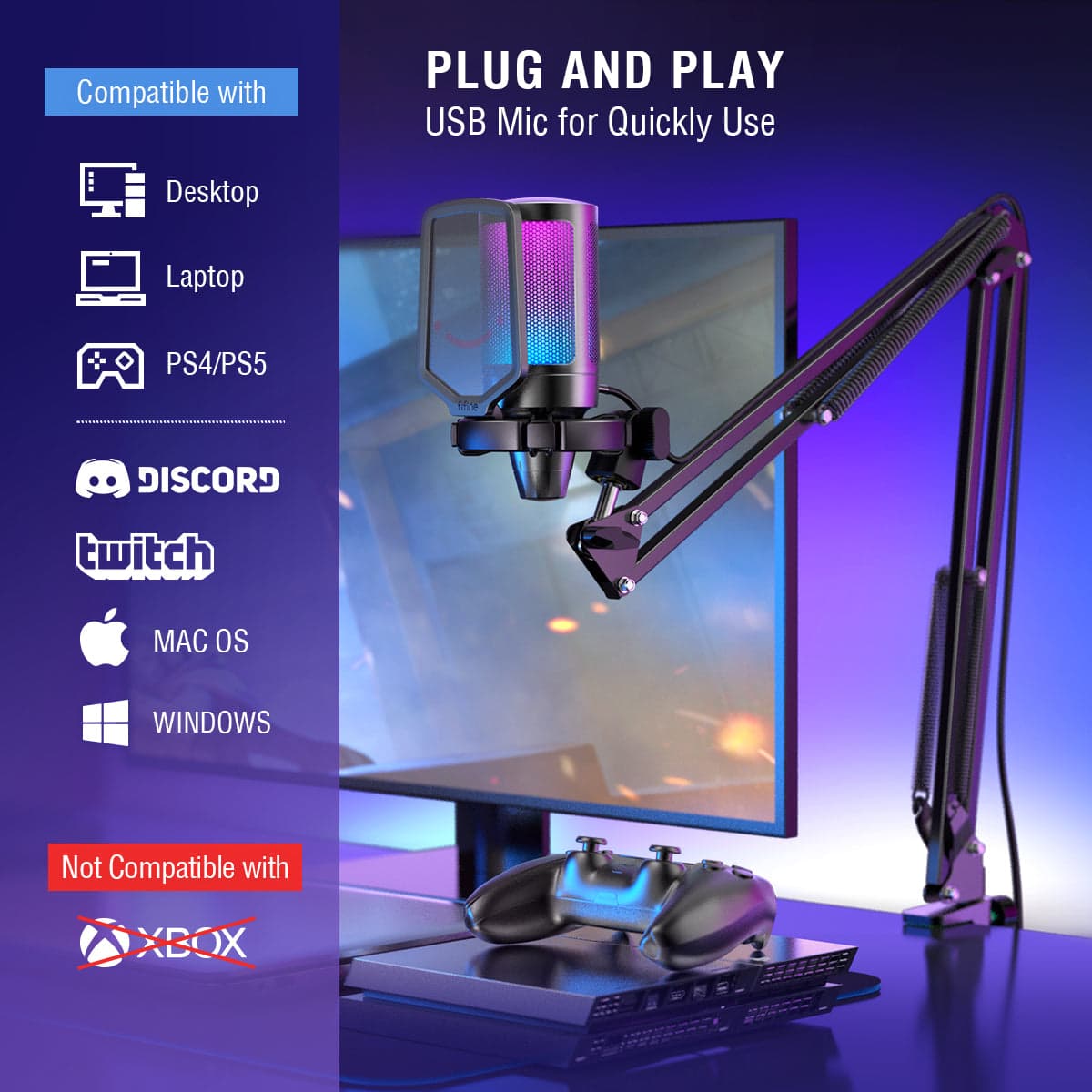 FIFINE AmpliGame A6T Gaming PC USB Microphone Kit for Streaming, Podcasting — view 5