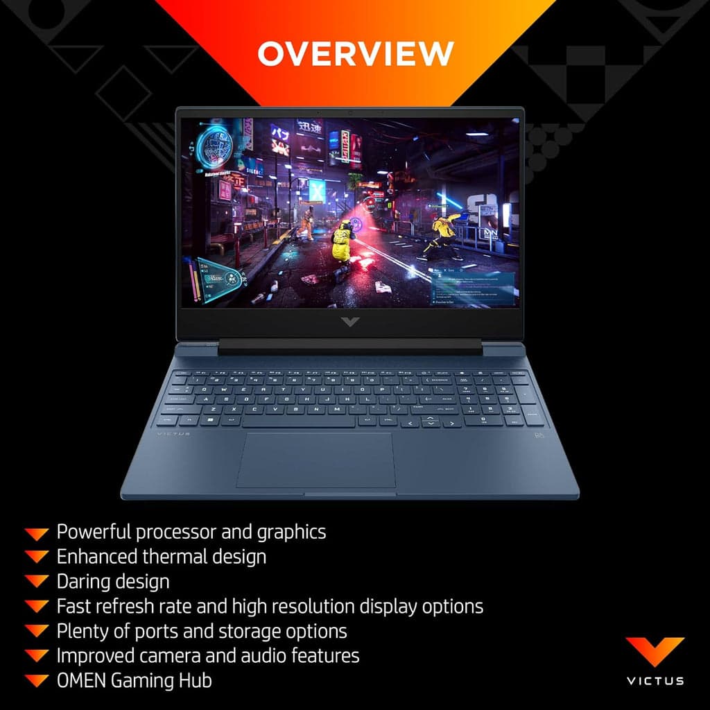 HP Victus Gaming Laptop | 2024 Model | 15.6" FHD | 7th Gen AMD Ryzen™ 5 | 8GB RAM | 512GB SSD | 4GB NVIDIA® GeForce RTX™ 2050 | Windows 11 | Performance blue | 15-FB1005NE — view 1