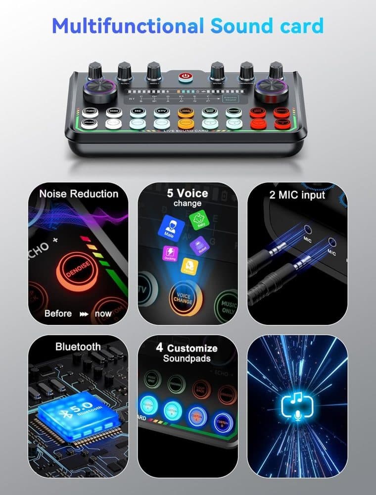USB Audio Interface for Smartphones & PC, Plug-and-Play Live Sound Card with DJ Mixer & Voice Effects — view 5