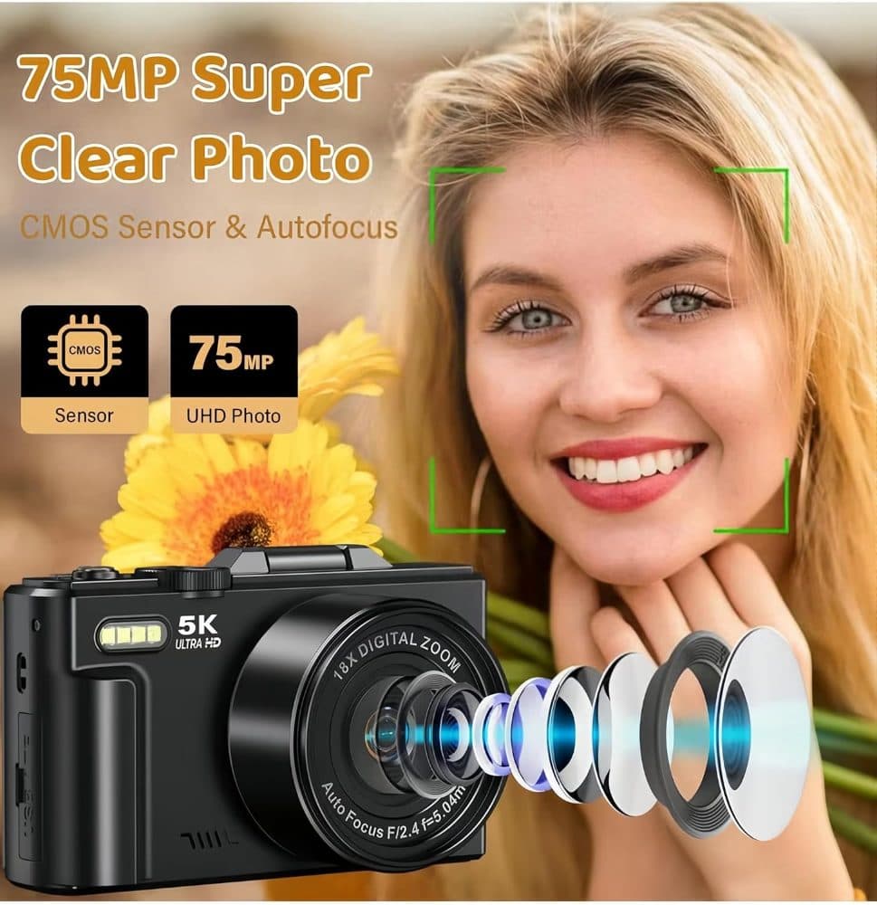 5K Ultra HD Digital Camera, 75MP, Black Metal Body, — view 3