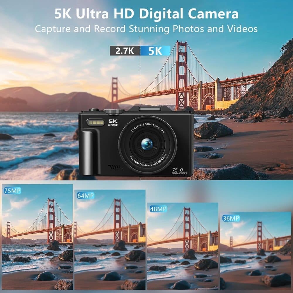 5K Ultra HD Digital Camera, 75MP, Black Metal Body, — view 4