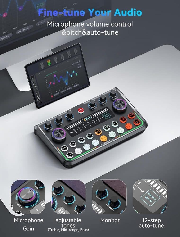 USB Audio Interface for Smartphones & PC, Plug-and-Play Live Sound Card with DJ Mixer & Voice Effects — view 4