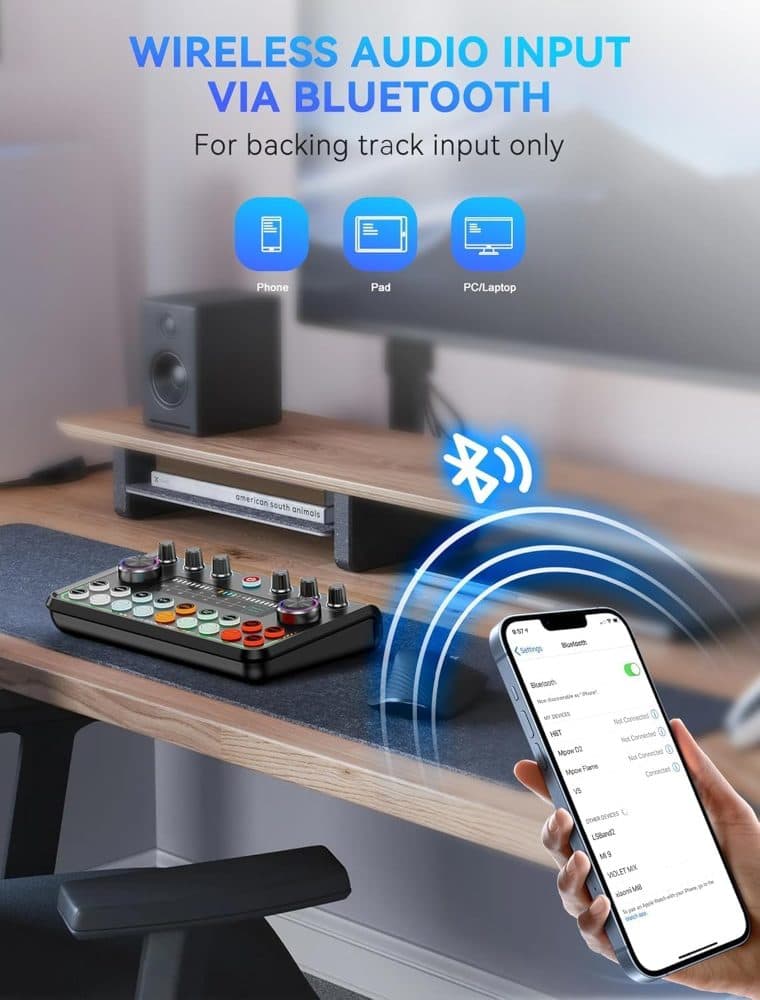 USB Audio Interface for Smartphones & PC, Plug-and-Play Live Sound Card with DJ Mixer & Voice Effects — view 7