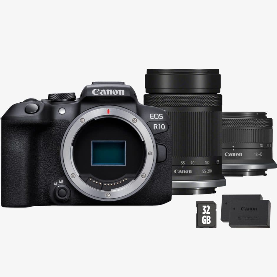 Canon EOS R10 Mirrorless Camera + RF-S 55-210mm Lens + RF-S 18-45mm Lens + SD Card + Spare Battery — view 1