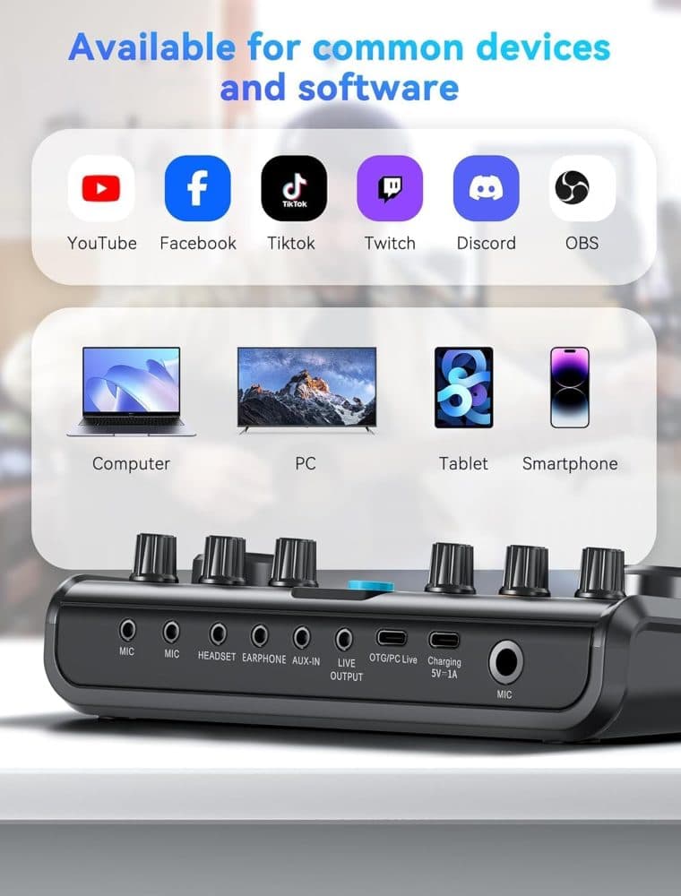USB Audio Interface for Smartphones & PC, Plug-and-Play Live Sound Card with DJ Mixer & Voice Effects — view 6