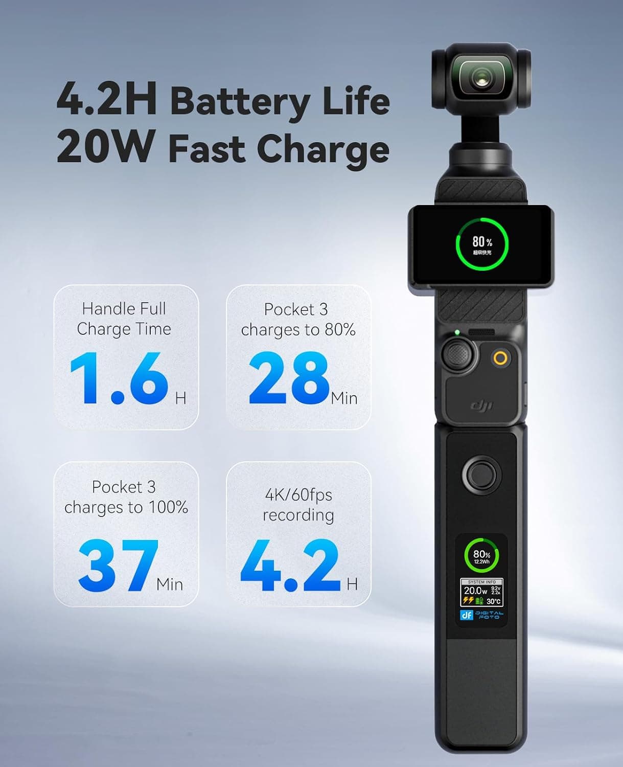 Osmo Pocket 3/4 Battery Handle, 20W Fast Charging Grip Accessories Compatible with DJI Pocket 3/4 — view 2